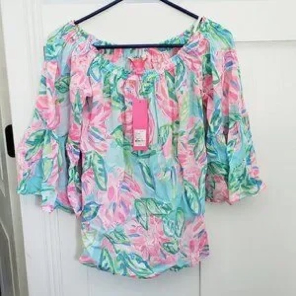 Lilly Pulitzer ~ Nevie Women’s Off-Shoulder Floral Top in Pink and Aqua - Picture 2 of 4